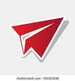 Paper airplane sign. Vector. New year reddish icon with outside stroke and gray shadow on light gray background.