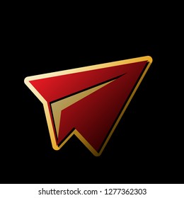Paper airplane sign. Vector. Red icon with small black and limitless shadows at golden sticker on black background.