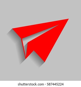 Paper airplane sign. Vector. Red icon with soft shadow on gray background.