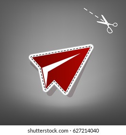Paper airplane sign. Vector. Red icon with for applique from paper with shadow on gray background with scissors.