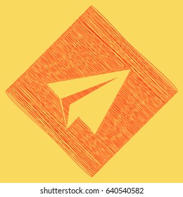 Paper airplane sign. Vector. Red scribble icon obtained as a result of subtraction rhomb and path. Royal yellow background.