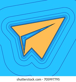 Paper airplane sign. Vector. Sand color icon with black contour and equidistant blue contours like field at sky blue background. Like waves on map - island in ocean or sea.