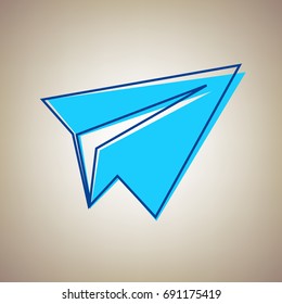 Paper airplane sign. Vector. Sky blue icon with defected blue contour on beige background.