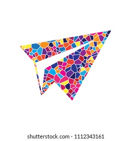 Paper airplane sign. Vector. Stained glass icon on white background. Colorful polygons. Isolated.