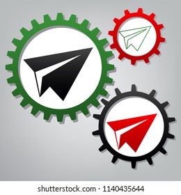 Paper airplane sign. Vector. Three connected gears with icons at grayish background.