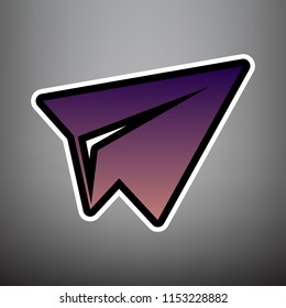 Paper airplane sign. Vector. Violet gradient icon with black and white linear edges at gray background.