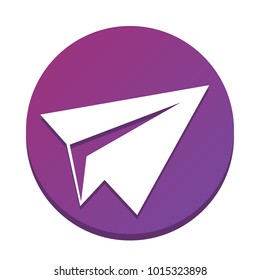 Paper airplane sign. Vector. White icon with flat shadow on purpureus circle at white background. Isolated.