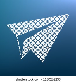 Paper airplane sign. Vector. White textured icon at lapis lazuli gradient background.