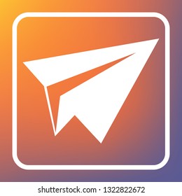 Paper airplane sign. Vector. White icon on transparent button at orange-violet gradient background.