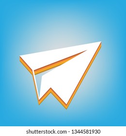 Paper airplane sign. Vector. White icon with 3d warm-colored gradient body at sky blue background.