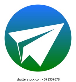 Paper airplane sign. Vector. White icon in bluish circle on white background. Isolated.