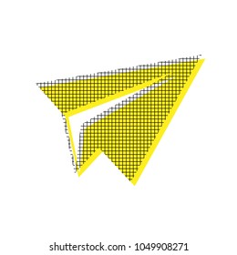 Paper airplane sign. Vector. Yellow icon with square pattern duplicate at white background. Isolated.