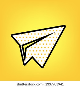Paper airplane sign. Vector. Yellow polka dot white icon with black contour at warm yellow background.