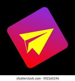 Paper airplane sign. Vector. Yellow icon at violet-red gradient square with rounded corners rotated for dynamics on black background.