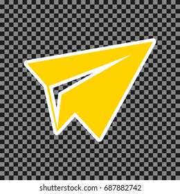 Paper airplane sign. Vector. Yellow icon with white contour on dark transparent background.