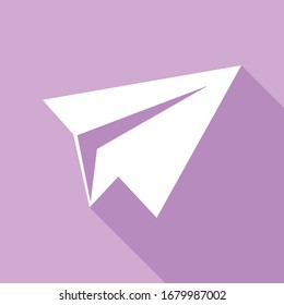 Paper airplane sign. White Icon with long shadow at purple background. Illustration.