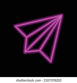 Paper airplane simple icon vector. Flat desing. Purple neon on black background.ai
