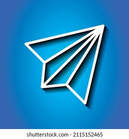 Paper airplane simple icon vector. Flat desing. White icon with shadow on blue background.ai