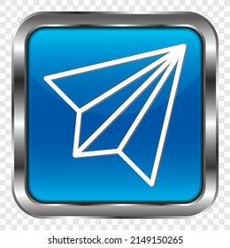 Paper airplane simple icon vector. Flat design. Metal, blue square button. Transparent grid.ai