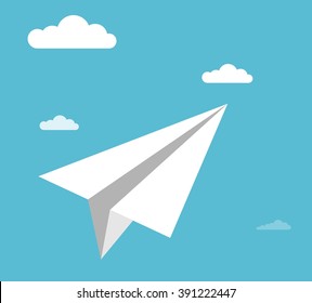 Paper airplane in the sky. Cartoon flat vector illustration. Objects isolated on a background. 
