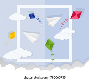 Paper airplane in the sky. Cartoon flat vector illustration. Objects isolated on a background.