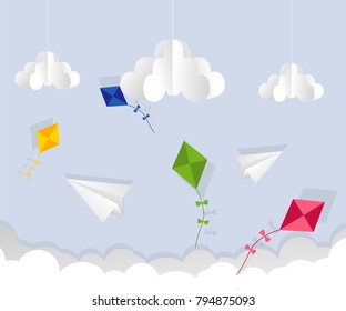 Paper airplane in the sky. Cartoon flat vector illustration. Objects isolated on a background.