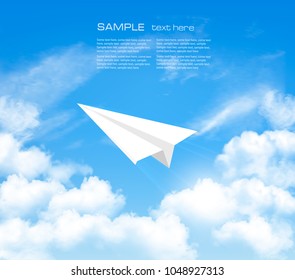 Paper airplane in the sky with clouds. Vector