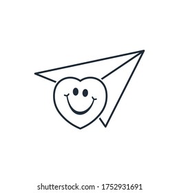 A paper airplane and a smiling heart. Give sympathy, preference. Vector icon isolated on white background.
