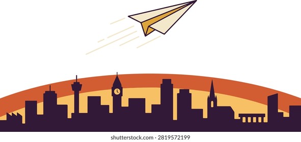 A paper airplane soaring over a silhouette city skyline with a warm sunset horizon, modern flat minimalist black and white vector illustration