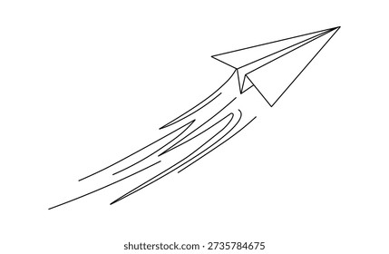 Paper airplane soaring upwards through open space showing speed lines for forward momentum