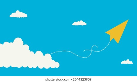 Paper airplane soars upward forming dotted line in serene blue sky