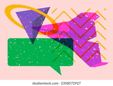 Paper Airplane and speech bubble with colorful geometric shapes. Object in trendy riso graph design. Geometry elements abstract risograph print texture style.