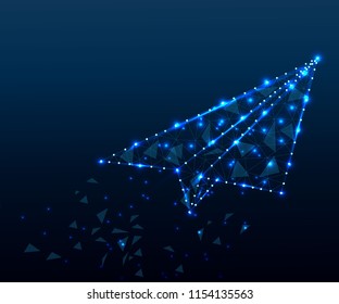Paper airplane. Stardust trail effect. Travel, freedom and aviation background. Polygonal low poly design. Wireframe polygon concept. Abstract vector illustration with polygon, line, connecting dots