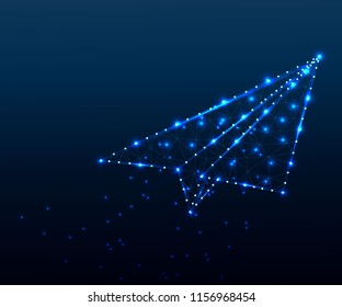 Paper airplane. Stardust trail effect. Travel, freedom and aviation background. Polygonal low poly design. Wireframe polygon concept. Abstract vector illustration with polygon, line, connecting dots