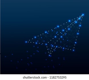 Paper airplane. Stardust trail effect. Travel, freedom and aviation background. Polygonal low poly design. Wireframe polygon concept. Abstract vector illustration with polygon, line, connecting dots
