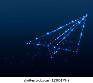 Paper airplane. Stardust trail effect. Travel, freedom and aviation background. Polygonal low poly design. Wireframe polygon concept. Abstract vector illustration with polygon, line, connecting dots