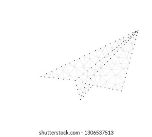 Paper airplane. Stardust trail effect. Travel, freedom and aviation background. Polygonal low poly design. Wireframe polygon concept. Abstract vector illustration with polygon, line, connecting dots