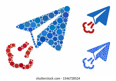 Paper airplane start composition of round dots in variable sizes and color tinges, based on paper airplane start icon. Vector round dots are grouped into blue composition.