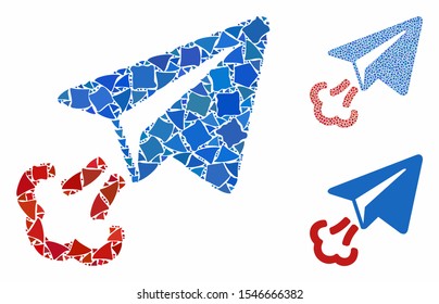 Paper airplane start mosaic of trembly pieces in different sizes and shades, based on paper airplane start icon. Vector irregular pieces are composed into collage.