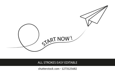 Paper Airplane Start Now! - Editable Strokes - Vector Illustration - Isolated On White Background