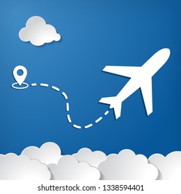 paper airplane with start point, dah line trace and white clouds on blue air background. Clear sky travel background.