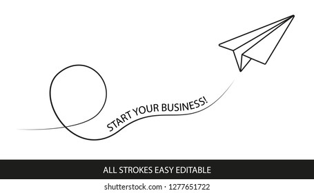 Paper Airplane Start Your Business! - Editable Strokes - Vector Illustration - Isolated On White Background