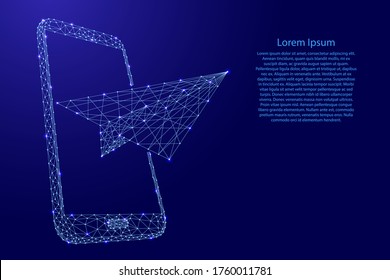 Paper airplane takes off from a smartphone, the concept of communication and message forwarding from polygonal blue lines and glowing stars.
