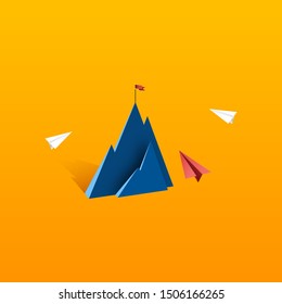 Paper airplane teamwork flying to red flag on the top of mountain.Business leadership and success concept flat design.Vector illustration.