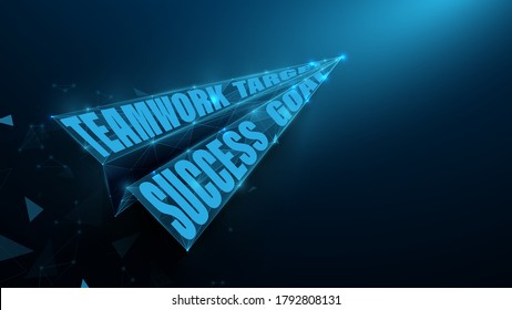 Paper airplane. Teamwork, Target, Success and Goal Concept. Wireframe Mesh, Lines, Triangles and Low Poly Style Design. Vector Illustration