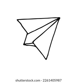 Paper airplane. The toy plane is made of paper. Doodle. Vector illustration.  Outline. Hand drawn.