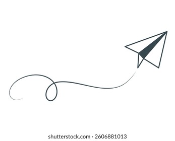 Paper airplane with trajectory motion doodle sketch style illustration. Black line icon of airplane in flight. Concept sending and receiving mail, improving performance, development, moving up. Vector