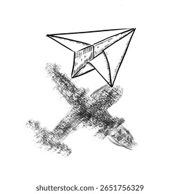 paper airplane with unique shadow vector sketch line art hand drawn illustration
