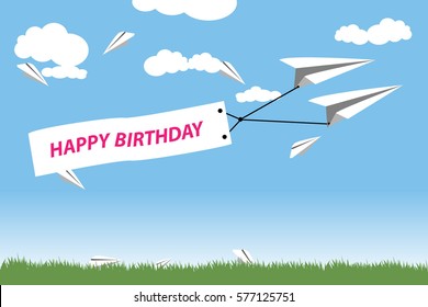 paper airplane vector for background. paper plane flying on the sky have banner happy birthday