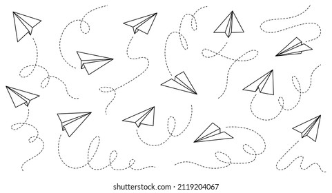 Paper airplane vector icon. Doodle outline style paper airplane. Simple origami aircraft element. Drawing doodle vector illustration.